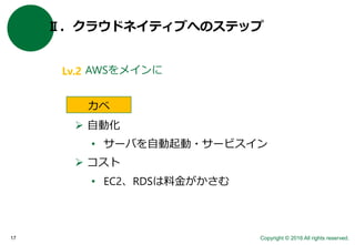 Copyright © 2016 All rights reserved.17
Ⅱ．クラウドネイティブへのステップ
カベ
 自動化
• サーバを自動起動・サービスイン
 コスト
• EC2、RDSは料金がかさむ
AWSをメインにLv.2
 