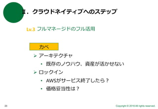 Copyright © 2016 All rights reserved.23
Ⅱ．クラウドネイティブへのステップ
フルマネージドのフル活用
カベ
 アーキテクチャ
• 既存のノウハウ、資産が活かせない
 ロックイン
• AWSがサービス終了したら？
• 価格妥当性は？
Lv.3
 