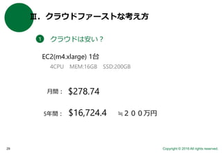 Copyright © 2016 All rights reserved.29
Ⅲ．クラウドファーストな考え方
クラウドは安い？１
EC2(m4.xlarge) 1台
4CPU MEM:16GB SSD:200GB
$278.74月間：
5年間： $16,724.4 ≒２００万円
 