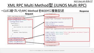 REST (like) API のタイプ
• CLIに紐づいたRPC Method をBODYに複数記述
ネットワーク API のあれこれ｜ENOG37＠燕三条 2016/02/19｜@ebiken 23
XML RPC Multi Method型 (JUNOS Multi RPC)
Request
Response
 