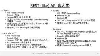 ネットワーク API のあれこれ｜ENOG37＠燕三条 2016/02/19｜@ebiken 24
REST (like) API まとめ
• Vyatta
• URI = CLI Command
• Encode: JSON
• Session 設定：有｜参照：有
• 設定はセッション（conf-id）毎にCandidate config
を編集、Commit
• 参照やOpsコマンド実行は２回以上リクエスト投
げて結果を受け取る
• 継続的なコマンド（Ping）とか実行可能
• Brocade VDX
• URI = Resource
• Encode: XML
• Session: 設定：無｜参照：有（継続コマンドのみ）
• HTTP Method で操作を表す
• 設定のためのセッションという概念は無い。
• 継続的なコマンドにはセッションという概念あり。
• Arista
• URI: 固定 /command-api
• Encode: JSON
• Session: 無
• コマンドは Request BODY に JSONで記述
• 複数コマンドを１度に送信できる。
• Juniper
• URI = CLI mapped RPC method (or 固定URI
＋ RPC method in BODY)
• Encode: XML, JSON, TXT
• Session: 無
• 設定投入は設定をBODYに記載して /load-
configuration に投入
• 適用は commit-configuration を投入
 
