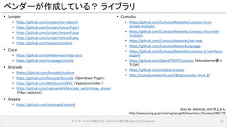 ベンダーが作成している？ ライブラリ
• Juniper
• https://github.com/Juniper/net-netconf
• https://github.com/Juniper/netconf-perl
• https://github.com/Juniper/netconf-java
• https://github.com/Juniper/netconf-php
• https://github.com/leopoul/ncclient
• Cisco
• https://github.com/jtimberman/ruby-cisco
• https://github.com/nickpegg/ciscolib
• Brocade
• [https://github.com/brocade/ncclient
• https://github.com/brocade/brocade （OpenStack Plugin）
• https://github.com/BRCDcomm/BVC （VyattaController ）
• https://github.com/zapman449/brocade_switchshow_aliases
（Fiber switches）
• Alaxala
• https://github.com/sumikawa/netconf
• Cumulus
• https://github.com/CumulusNetworks/cumulus-linux-
ansible-modules
• https://github.com/CumulusNetworks/cumulus-linux-chef-
modules
• https://github.com/CumulusNetworks/net-next
• https://github.com/CumulusNetworks/quagga
• https://github.com/CumulusNetworks/cumulus-cl-interfaces-
puppet
• https://github.com/OpenRTMFP/Cumulus （MonaServer使っ
たSW）
• https://github.com/cotdsa/cumulus
• http://cumulusnetworks.com/blog/cumulus-linux-2/
ネットワーク API のあれこれ｜ENOG37＠燕三条 2016/02/19｜@ebiken 28
Slide 40, JANOG36, IDCF井上さん
http://www.janog.gr.jp/meeting/janog36/download_file/view/188/170
 