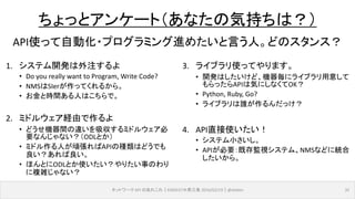 ネットワーク API のあれこれ｜ENOG37＠燕三条 2016/02/19｜@ebiken 32
ちょっとアンケート（あなたの気持ちは？）
1. システム開発は外注するよ
• Do you really want to Program, Write Code?
• NMSはSIerが作ってくれるから。
• お金と時間ある人はこちらで。
2. ミドルウェア経由で作るよ
• どうせ機器間の違いを吸収するミドルウェア必
要なんじゃない？（ODLとか）
• ミドル作る人が頑張ればAPIの種類はどうでも
良い？あれば良い。
• ほんとにODLとか使いたい？やりたい事のわり
に複雑じゃない？
3. ライブラリ使ってやります。
• 開発はしたいけど、機器毎にライブラリ用意して
もらったらAPIは気にしなくてOK？
• Python, Ruby, Go?
• ライブラリは誰が作るんだっけ？
4. API直接使いたい！
• システム小さいし。
• APIが必要：既存監視システム、NMSなどに統合
したいから。
API使って自動化・プログラミング進めたいと言う人。どのスタンス？
 