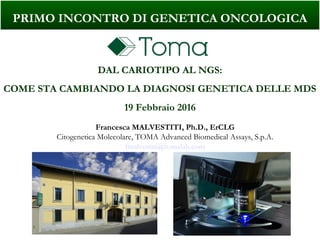 PRIMO INCONTRO DI GENETICA ONCOLOGICA
DAL CARIOTIPO AL NGS:
COME STA CAMBIANDO LA DIAGNOSI GENETICA DELLE MDS
19 Febbraio 2016
Francesca MALVESTITI, Ph.D., ErCLG
Citogenetica Molecolare, TOMA Advanced Biomedical Assays, S.p.A.
fmalvestiti@tomalab.com
 