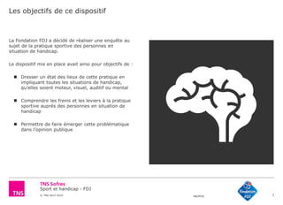 Sport et handicap - FDJ
© TNS Avril 2015 48UM30
Les objectifs de ce dispositif
2
La Fondation FDJ a décidé de réaliser une enquête au
sujet de la pratique sportive des personnes en
situation de handicap.
Le dispositif mis en place avait ainsi pour objectifs de :
 Dresser un état des lieux de cette pratique en
impliquant toutes les situations de handicap,
qu’elles soient moteur, visuel, auditif ou mental
 Comprendre les freins et les leviers à la pratique
sportive auprès des personnes en situation de
handicap
 Permettre de faire émerger cette problématique
dans l’opinion publique
 