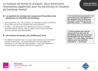 Sport et handicap - FDJ
© TNS Avril 2015 48UM30
Le manque de temps et d’argent, deux dimensions
importantes également pour les personnes en situation
de handicap mental
54
 La question du manque de ressources financières des
personnes en situation de handicap
> Une population qui, très souvent, vit chez elle ou dans sa famille,
et qui très souvent est situation de quasi précarité
> A noter : une dimension sur laquelle est perçu un clivage
important entre milieux rural et urbain (avec notamment des
services sociaux plus développés)
 Le manque de temps, une réalité pour tous
> Un élément d’autant plus vrai pour les personnes qui travaillent
en Esat la semaine ; ce travail entraîne une forte dépense
d’énergie et une perte de concentration… d’où une tendance à
surtout vouloir se reposer, dès qu’ils le peuvent !
« De nombreuses personnes ont
des ressources très faibles et
des budgets très limités pour
les loisirs ; une fois qu’ils ont
payé leur loyer… » Educateur
« Paris propose pas mal de
choses et il y a pas mal de
possibilités pour les personnes
handicapées de faire quelque
chose ; il y a les aides, les tarifs
réduits pour les activités
répandues. » Educateur
Volet Qualitatif
Handicap mental
 