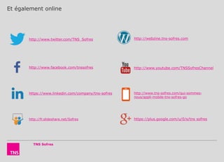 Et également online
http://www.twitter.com/TNS_Sofres
http://www.facebook.com/tnssofres
https://www.linkedin.com/company/tns-sofres
http://fr.slideshare.net/Sofres
http://www.youtube.com/TNSSofresChannel
https://plus.google.com/u/0/s/tns sofres
http://www.tns-sofres.com/qui-sommes-
nous/appli-mobile-tns-sofres-go
http://webzine.tns-sofres.com
TNS Sofres
 