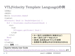 VTL(Velocity Template Language)の例
11
<HTML>
<BODY>
Hello $customer.Name!
<table>
#foreach( $mud in $mudsOnSpecial )
#if ( $customer.hasPurchased($mud) )
<tr>
<td>
$flogger.getPromo( $mud )
</td>
</tr>
#end
#end
</table>
<!-- 後略 -->
Apache Velocity User Guide
http://velocity.apache.org/engine/devel/user-guide.html#What_is_Velocity より
2016/04/22Javaツール勉強会
• #～（改行）は処理命令（制御文など）
• ##～（改行）と#*～*#はコメント
• $名前、${名前}はオブジェクト参照
• 処理命令と参照以外はそのまま出力される
 
