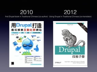 2010
ﬁrst Drupal book in Traditional Chinese (co-author)
2012
Using Drupal in Traditional Chinese (co-translator)
 