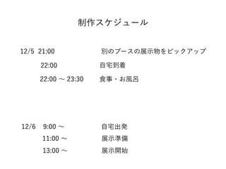 制作スケジュール
展示準備
展示開始13:00 ∼
12/5 21:00 別のブースの展示物をピックアップ
自宅到着22:00
自宅出発12/6 9:00 ∼
11:00 ∼
食事・お風呂22:00 ∼ 23:30
 