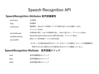 Speech Recognition API
SpeechRecognition Attributes 音声認識属性
grammars
lang
continuous
interimResults
maxAlternatives
serviceURI
SpeechRecognition Methods 音声認識メソッド
start
stop
abort
※グループは現在WebRTCがオーディオのソースの選択とリモートの認識機能を 
特定するために使用される可能性があるかどうか議論していると。
文法属性
言語属性
連続属性 falseは1つの認識で１つだけ結果を返す, trueは連続して返す。
デフォルトはfalse
中間結果の設定 trueで中間結果を返し、falseで返さない。デフォルトはfalse
SpeechRecognitionAlternativesの最大数の設定。デフォルト値は1
使用したい音声認識サービスのURIを指定
音声認識開始のメソッド
音声認識停止のメソッド
音声認識中断のメソッド
 