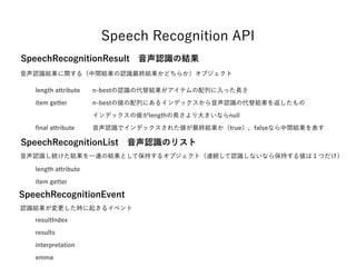 SpeechRecognitionResult 音声認識の結果
length attribute
item getter
ﬁnal attribute
SpeechRecognitionList 音声認識のリスト
length attribute
item getter
SpeechRecognitionEvent 
resultIndex 
results
interpretation
emma
Speech Recognition API
音声認識結果に関する（中間結果の認識最終結果かどちらか）オブジェクト
n-bestの認識の代替結果がアイテムの配列に入った長さ
n-bestの値の配列にあるインデックスから音声認識の代替結果を返したもの
インデックスの値がlengthの長さより大きいならnull
音声認識でインデックスされた値が最終結果か（true）、falseなら中間結果を表す
音声認識し続けた結果を一連の結果として保持するオブジェクト（連続して認識しないなら保持する値は１つだけ）
認識結果が変更した時に起きるイベント
 