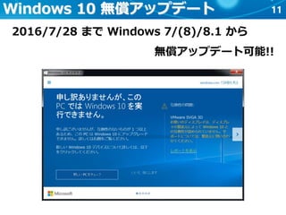 11Windows 10 無償アップデート
2016/7/28 まで Windows 7/(8)/8.1 から
無償アップデート可能!!
 