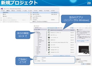 20新規プロジェクト
ご自由に
どうぞ
本日の解説
は C# で
空白のアプリ
(ユニバーサル Windows)
 