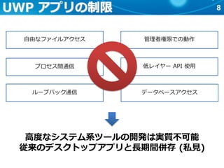 8UWP アプリの制限
自由なファイルアクセス 管理者権限での動作
プロセス間通信 低レイヤー API 使用
ループバック通信 データベースアクセス
高度なシステム系ツールの開発は実質不可能
従来のデスクトップアプリと長期間併存 (私見)
 