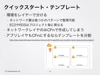 クイックスタート・テンプレート
• 環境をレイヤーで分ける
• ネットワーク層は幾つかのパターンで整理可能
• EC2やRDSはプロジェクト毎に異なる
• ネットワークレイヤのみCFnで作成してしまう
• アプリレイヤもCFnにするならテンプレートを分割
• http://dev.classmethod.jp/cloud/aws/reinvent-2014-app304-aws-cloudformation-best-practice-report/
17Ⓒ Classmethod, Inc.
 