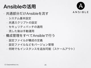 Ansibleの活用
• 共通部分だけAnsibleを流す
• システム基本設定
• 共通スクリプトの設定
• セキュリティパッチの適用
• 流した後は手動運用
• 構成管理をすべてAnsibleで行う
• 設定ファイルが構成の定義
• 設定ファイルなどをバージョン管理
• 何時でもインスタンスを追加可能（スケールアウト）
25Ⓒ Classmethod, Inc.
 
