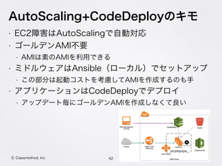 AutoScaling+CodeDeployのキモ
• EC2障害はAutoScalingで自動対応
• ゴールデンAMI不要
• AMIは素のAMIを利用できる
• ミドルウェアはAnsible（ローカル）でセットアップ
• この部分は起動コストを考慮してAMIを作成するのも手
• アプリケーションはCodeDeployでデプロイ
• アップデート毎にゴールデンAMIを作成しなくて良い
42Ⓒ Classmethod, Inc.
 
