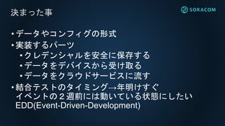 •データやコンフィグの形式
•実装するパーツ
• クレデンシャルを安全に保存する
• データをデバイスから受け取る
•データをクラウドサービスに流す
•結合テストのタイミング→年明けすぐ
イベントの２週前には動いている状態にしたい
EDD(Event-Driven-Development)
決まった事
 