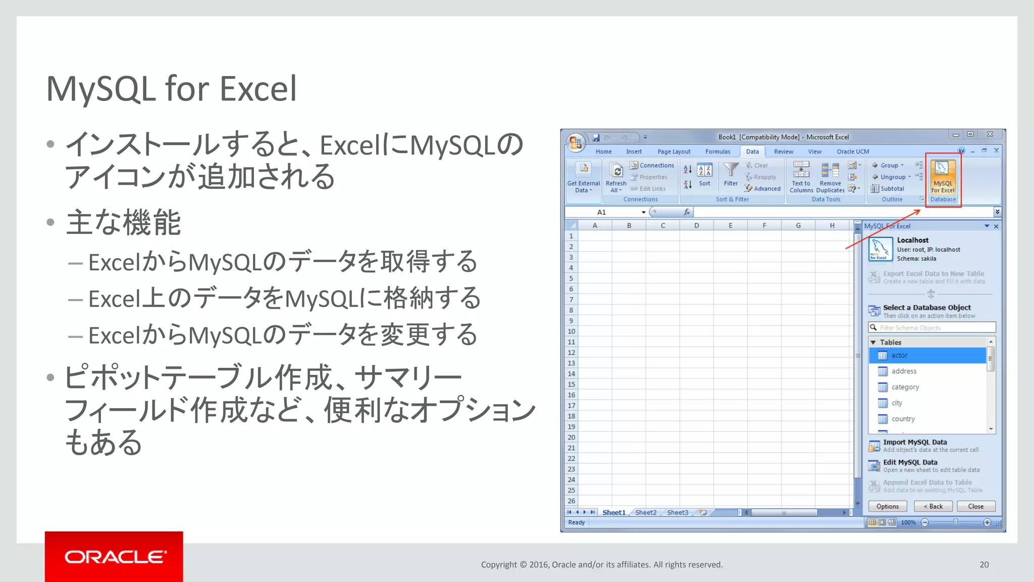 Copyright © 2016, Oracle and/or its affiliates. All rights reserved.
MySQL for Excel
• インストールすると、ExcelにMySQLの
アイコンが追加される
• 主な機能
– ExcelからMySQLのデータを取得する
– Excel上のデータをMySQLに格納する
– ExcelからMySQLのデータを変更する
• ピポットテーブル作成、サマリー
フィールド作成など、便利なオプション
もある
20
 