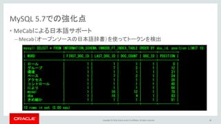 Copyright © 2016, Oracle and/or its affiliates. All rights reserved.
MySQL 5.7での強化点
• MeCabによる日本語サポート
– Mecab（オープンソースの日本語辞書）を使ってトークンを検出
48
mysql> SELECT * FROM INFORMATION_SCHEMA.INNODB_FT_INDEX_TABLE ORDER BY doc_id, position LIMIT 10;
+--------------------+--------------+-------------+-----------+--------+----------+
| WORD | FIRST_DOC_ID | LAST_DOC_ID | DOC_COUNT | DOC_ID | POSITION |
+--------------------+--------------+-------------+-----------+--------+----------+
| ロール | 1 | 1 | 1 | 1 | 0 |
| グループ | 1 | 7 | 2 | 1 | 12 |
| 環境 | 1 | 1 | 1 | 1 | 21 |
| ベース | 1 | 7 | 2 | 1 | 24 |
| アクセス | 1 | 1 | 1 | 1 | 36 |
| コントロール | 1 | 1 | 1 | 1 | 48 |
| により | 1 | 1 | 1 | 1 | 66 |
| mysql | 1 | 16 | 12 | 1 | 78 |
| dba | 1 | 16 | 4 | 1 | 83 |
| きめ細か | 1 | 1 | 1 | 1 | 91 |
+--------------------+--------------+-------------+-----------+--------+----------+
10 rows in set (0.00 sec)
 