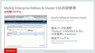 Copyright © 2016, Oracle and/or its affiliates. All rights reserved. 64
30日間トライアル
MySQL Enterprise Edition & Cluster CGEの試使用
• Oracle Software Delivery Cloud
http://edelivery.oracle.com/
• 製品パックを選択：
"Product" にMySQLと入力し、
OSを選択し"Continue"
• 製品マニュアル
http://dev.mysql.com/doc/index-
enterprise.html
 