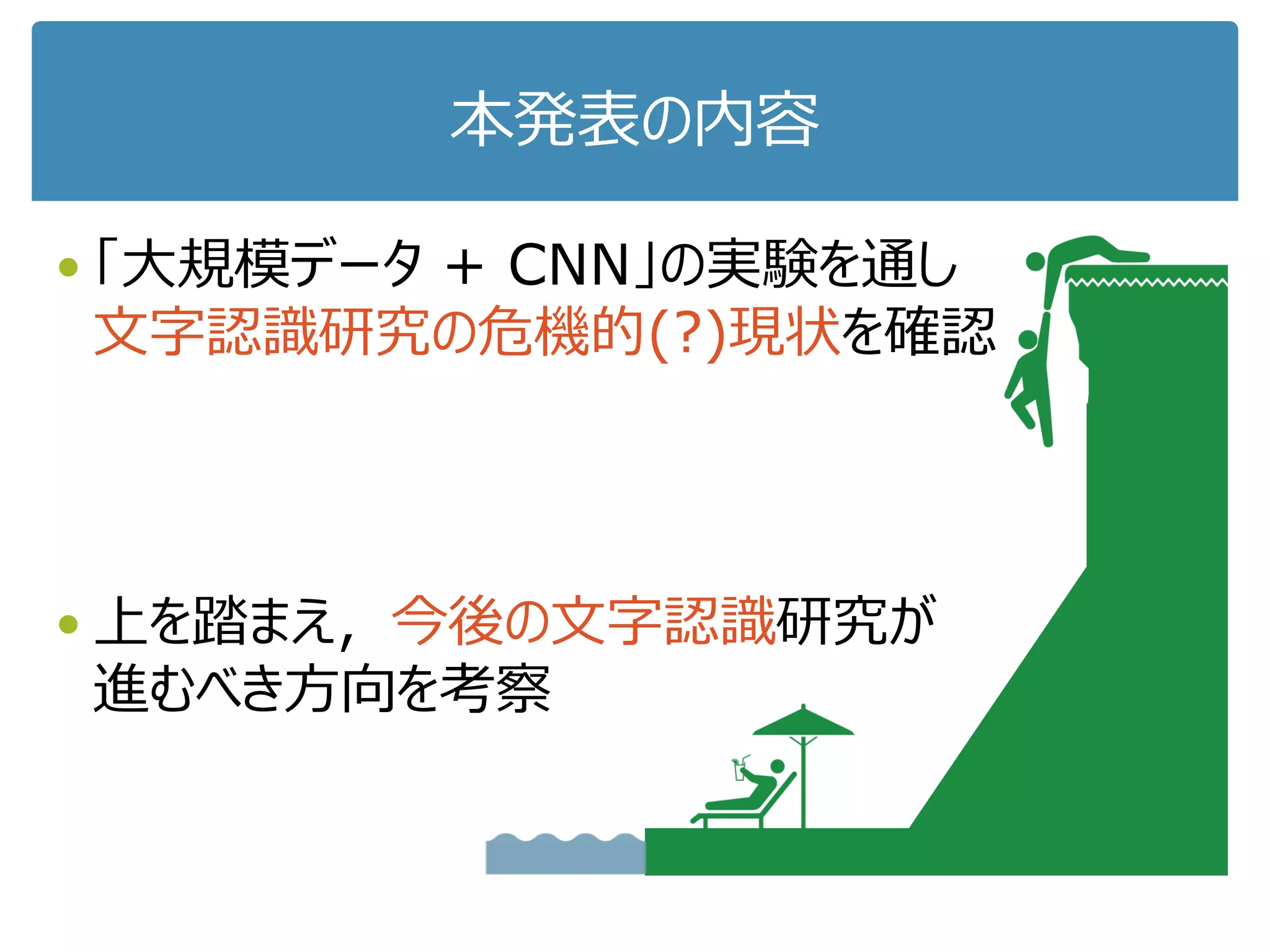 環境問題で世界をリードする北九州へ
早くから問題が顕在化した領域は
（努力次第では）
いち早く問題の解決法を見出し，
さらに他の領域に貢献できる
文字認識研究
 