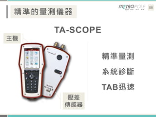 08
精準的量測儀器
TA-SCOPE
精準量測
系統診斷
TAB迅速
主機
壓差
傳感器
 
