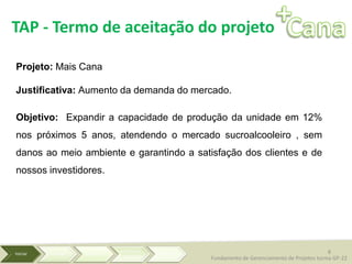 Projeto: Mais Cana
Justificativa: Aumento da demanda do mercado.
Objetivo: Expandir a capacidade de produção da unidade em 12%
nos próximos 5 anos, atendendo o mercado sucroalcooleiro , sem
danos ao meio ambiente e garantindo a satisfação dos clientes e de
nossos investidores.
TAP - Termo de aceitação do projeto
8
Fundamento de Gerenciamento de Projetos turma GP-22
 