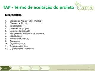 Steakholders
1. Clientes de Açúcar (VHP e Cristal);
2. Clientes de Álcool;
3. Investidores;
4. Gerentes de projetos;
5. Gerentes Funcionais;
6. Alta gerencia e diretoria da empresa;
7. Suprimentos;
8. Recursos Humanos;
9. Segurança;
10. Órgãos Públicos;
11. Órgãos ambientais;
12. Departamento Financeiro
TAP - Termo de aceitação do projeto
9
Fundamento de Gerenciamento de Projetos turma GP-22
 