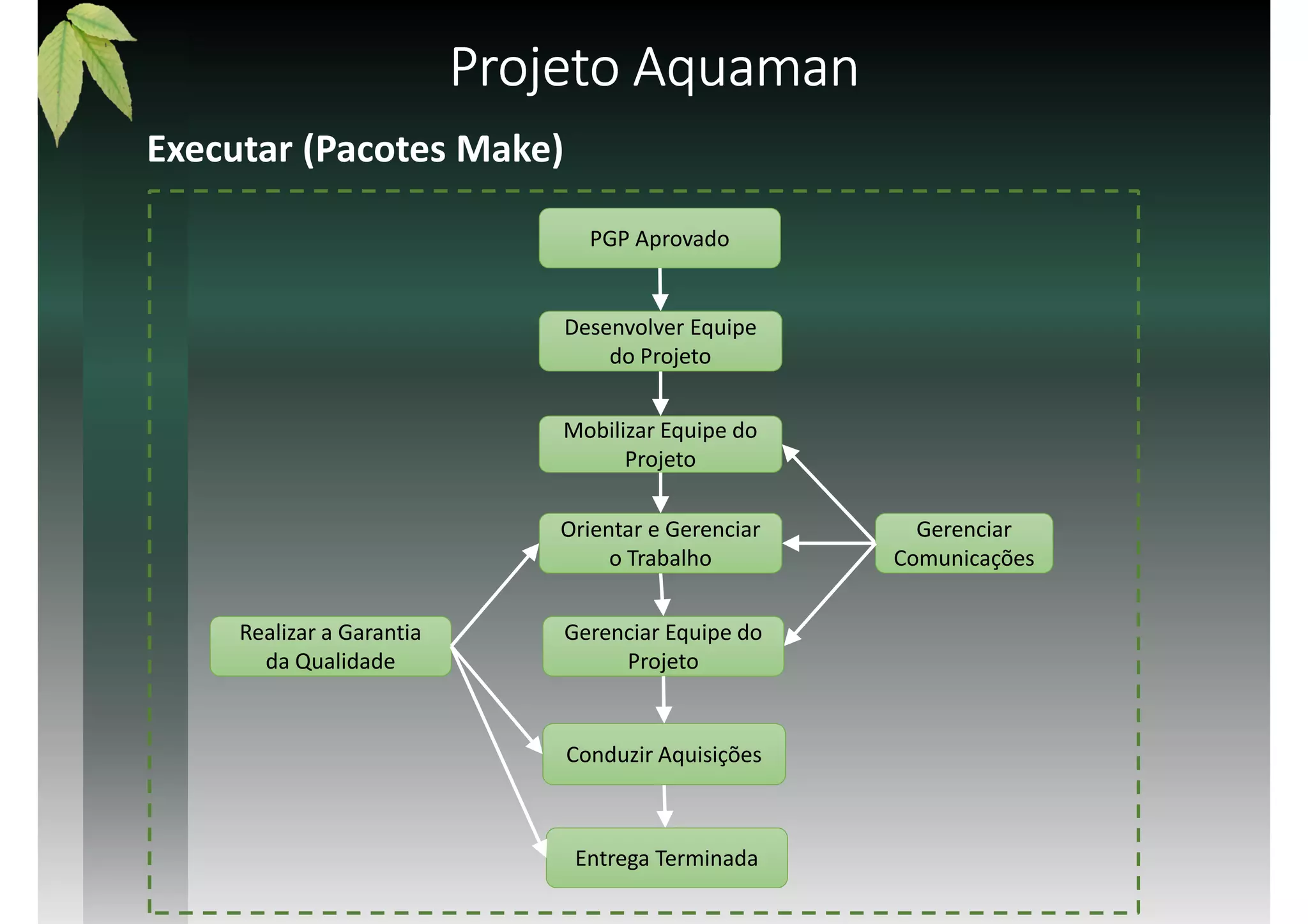 Projeto AquamanProjeto AquamanProjeto AquamanProjeto Aquaman
Executar (Pacotes Make)
Mobilizar Equipe do
Projeto
PGP Aprovado
Desenvolver Equipe
do Projeto
Conduzir Aquisições
Gerenciar
Comunicações
Orientar e Gerenciar
o Trabalho
Realizar a Garantia
da Qualidade
Entrega Terminada
Gerenciar Equipe do
Projeto
 