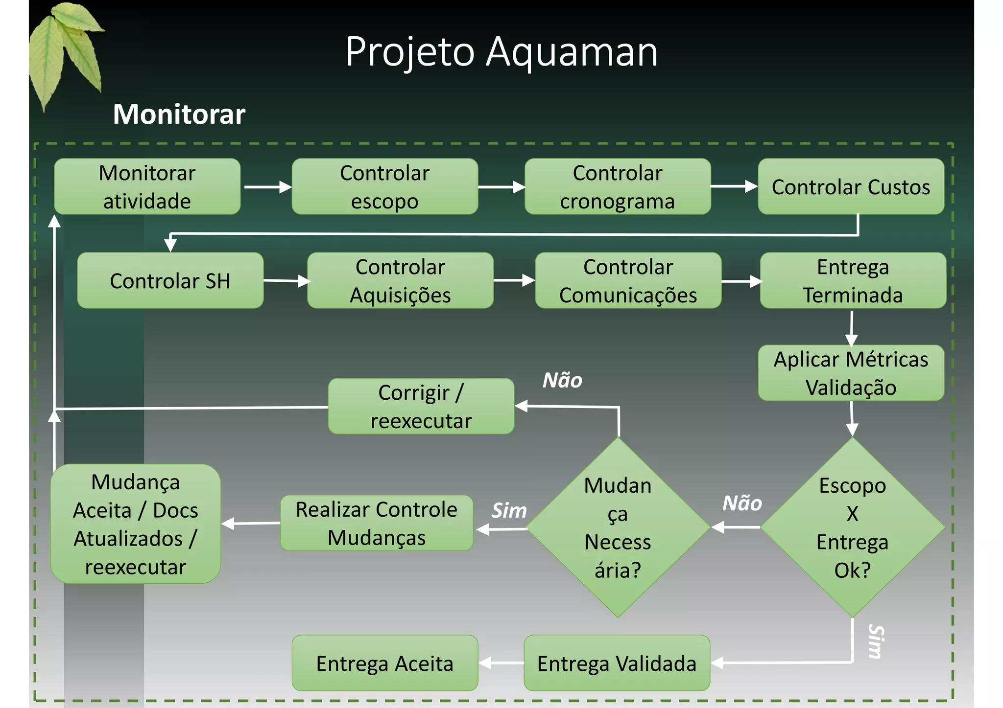 Projeto AquamanProjeto AquamanProjeto AquamanProjeto Aquaman
Monitorar
Monitorar
atividade
Entrega Validada
Realizar Controle
Mudanças
Controlar
cronograma
Controlar
escopo
Controlar Custos
Aplicar Métricas
Validação
Escopo
X
Entrega
Ok?
Entrega Aceita
Mudan
ça
Necess
ária?
Corrigir /
reexecutar
Não
Sim
Sim
Não
Controlar SH
Controlar
Aquisições
Controlar
Comunicações
Entrega
Terminada
Mudança
Aceita / Docs
Atualizados /
reexecutar
 