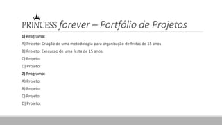 PRINCESS forever – Portfólio de Projetos
1) Programa:
A) Projeto: Criação de uma metodologia para organização de festas de 15 anos
B) Projeto: Execucao de uma festa de 15 anos.
C) Projeto:
D) Projeto:
2) Programa:
A) Projeto:
B) Projeto:
C) Projeto:
D) Projeto:
 