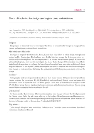 20 I Scientific Evidence 21IMPLANT I
Differences in implant stability associated with various methods of
preparation of the implant bed: An in vitro study
Su-Jin Ahn, DMD, MSD, PhD,a
Richard Leesungbok, DMD, MSD, PhD,b
Suk-Won Lee, DMD, MSD,
PhD,c
Young-Ku Heo, DMD, MSD, PhD,d
Kyung Lhi Kang, DMD, MSD, PhDe
Kyung Hee University Dental Hospital at Gangdong, Seoul,
Korea; Boston University School of Dental Medicine, Boston, Mass
Supported by grant No. KHU-20091453 from the Kyung Hee University, Seoul, Korea.
a
Clinical Assistant Professor, Department of Biomaterials & Prosthodontics, Kyung Hee University Dental Hospital at
Gangdong.
b
Professor & Chairman, Department of Biomaterials & Prosthodontics, Kyung Hee University Dental Hospital at Gang-
dong.
c
Assistant Professor, Department of Biomaterials & Prosthodontics, Kyung Hee University Dental Hospital at Gangdong.
d
Adjunct Assistant Clinical professor, Center for Implantology, Boston University School of Dental Medicine.
e
Assistant Professor, Department of Periodontics, Kyung Hee University Dental Hospital at Gangdong.
Abstract
Statement of problem. It is difficult to achieve the primary stability necessary for immediate loading
in the posterior maxilla because of thin cortical bone, low density trabecular bone, and inadequate
bone height due to the presence of the maxillary sinus.
Material and methods.
Sixty screw-shaped implants (4.0 × 10 mm) were inserted into solid rigid polyurethane blocks. The
implants were divided into 6 groups (n=10) to test 2 variables: 1) location (monocortical or bicortical
block) and 2) preparation method (standard preparation, underpreparation, or the osteotome tech-
nique). The insertion and removal torques were measured and resonance frequency analysis (RFA)
was performed to determine the primary stability of each implant. Insertion and removal torque
data were analyzed by 2-way ANOVA, followed by the post hoc Tukey HSD multiple comparison test.
RFA data were analyzed by 2-way and 1-way ANOVAs and the Tukey HSD multiple comparison test
(α=.05). The Pearson correlation analysis was also performed to examine correlations among the val-
ues.
Results.
The preparation method had a significant effect on insertion torque, RFA value, and removal torque;
however location had a significant effect only on the removal torque (P<.001). There was a significant
interaction between location and preparation method for RFA values (P=.045) and a significant dif-
ference in standard preparation method according to the location (P=.039); however, there was no
significant difference in underpreparation (P=1.00) and osteotome technique (P=1.00). Statistically
significant correlations were found between insertion torque and RFA values (r=0.529, P< .001), in-
sertion torque and removal torque values (r=0.517, P< .001), and removal torque and RFA values
(r=0.481, P<.001).
J Prosthet Dent. 2012 Jun;107(6):366-72. DOI: 10.1016/S0022-3913(12)60092-4.
Conclusions.
Underpreparation and bicortical fixation significantly increased implant stability and the osteotome
technique decreased implant stability in synthetic bone models that mimicked the posterior maxil-
lary region. The primary stability values had statistically significant correlations to each other. (J
Prosthet Dent 2012;107:366-372)
Clinical Implications
Based on the results of this in vitro study, standard preparation and
the bicortical fixation method produce greater primary stability than
the various other surgical methods evaluated.
Several critical factors are necessary for suc-
cessful osseointegration of dental implants,
including the primary stability and surface
characteristics of the implant, anatomical con-
ditions, bone metabolism, design of the interim
prosthesis, and the occlusion pattern during
the healing phase.1
The primary stability of
the implant, which results from the initial in-
terlocking between alveolar bone and the body
of the implant, affects the secondary stability
of the implant because the latter results from
subsequent contact osteogenesis and bone
remodeling.2,3
As a consequence, a high degree
of primary implant stability is a key prereq-
uisite for immediate or early loading.4,5
The
primary determinants of the primary stability
of an implant are the surgical technique used,
the design of the implant, and the mechanical
properties of the bone tissue.6
The posterior region of the maxilla is char-
acterized by thin cortical bone and trabecular
bone of low density. In addition, in many in-
stances the height of the bone in this region is
insufficient to achieve high primary stability
because of the presence of the maxillary si-
nus. Therefore, dental implants in this region
show the highest rate of failure, and surgical
techniques have been proposed to increase
their primary stability.7-10
The most widely
used methods include preparation of the site
with tools one size smaller than the diameter
of the implant,11
bone condensation using an
osteotome,12-14
and the use of bicortical fixa-
tion.15
Among these methods, the osteotome
technique was introduced to increase the pri-
mary stability and success rate of implants in
areas of poor bone density, such as the posterior
maxillary region.16
Theoretically, the osteotome
condenses the bone to increase primary sta-
bility by lateral osseocompression. However,
according to Blanco et al,17
who studied the
placement of implants using the osteotome in
the maxillary tuberosities of human cadavers
and performed histomorphometric assessment
around the implants, the increase in bone den-
sity is actually limited to the periapical area
of the entire periimplant area, and in the peri-
cylinder area there was no increase in bone
density with the osteotome technique. In addi-
tion, many studies have suggested that the use
of the osteotome decreases or does not affect
primary stability.18-20
According to Nkenke et
 