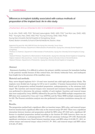 38 I Scientific Evidence 39IMPLANT I
Int J Oral Maxillofac Implants 2013;28:1:1293-1299. DOI: 10.11607/jomi.2884
Retrospective Results of Implants for Partially Edentulous
Posterior Jaws According to Time Points of Early Loading
Jong-Hwa Kim, DDS1
/ Jin-Yong Yang, DDS, MSD, PhD2
/ Young-Kyun Kim, DDS, MSD, PhD3
/
Young-Ku Heo, DDS, MSD, PhD4
/ In-Sung Yeo, DDS, MSD, PhD5
1
Resident, Division of Oral and Maxillofacial Surgery, Seoul National University Bundang Hospital, Seongnam, Korea.
2
Private Practice, Seoul, Korea.
3
Associate Professor, Department of Oral and Maxillofacial Surgery, School of Dentistry, Seoul National University,
Seoul, Korea.
4
Adjunct Assistant Clinical Professor, Center of Implantology, Goldman School of Dental Medicine, Boston University,
Boston, Massachusetts, USA.
5
Assistant Professor, Department of Prosthodontics, School of Dentistry and Dental Research Institute, Seoul National
University, Seoul, Korea.
Jong-Hwa Kim and Jin-Yong Yang contributed equally to this work.
Purpose:
This study evaluated the survival and success rates and marginal bone loss conditions of earlyload-
ed implants in the posterior maxilla and mandible of partially edentulous patients.
Materials and Methods:
Implants (n = 299) were placed in 105 patients at two research centers. Provisional fixed dental
prostheses were provided to the patients between 1 week and 2 months after implant placement. The
implants were classified into four groups according to the loading time (1 to 2, 2 to 4, 4 to 6, and 6 to
8 weeks). Periapical radiographs were taken via a parallel imaging technique, and the peri-implant
marginal bone level was measured on the radiographic images.
Results:
Most implants were lost within 1 month, and one implant was removed at 36 days after loading.
The cumulative survival rate of the implants was 97.0%. Implants loaded in the maxilla at 1 to 2
weeks after prosthesis insertion had significantly lower survival rates than any other group (P =
.013). There were no significant differences in marginal bone levels among the implant groups clas-
sified according to loading time. Conclusions: Early loading is a safe and predictable procedure for
implant-supported restoration of posterior partial edentulism. However, care must be taken in early
loading within 2 weeks after maxillary implant insertion.
Key words:
early loading, implant, partial edentulism, mandible, maxilla
Traditionally, the successful osseointegration
of dental implants required a two-stage proto-
col with a 3- to 6-month healing period before
prosthesis placement, with the implant being
submerged beneath the mucosa during first
stage to prevent micromovement.1
However,
the two-stage approach has several disadvan-
tages, such as the need for a second surgery
and an extended waiting time prior to pros-
thesis placement. Early or immediate implant
loading has therefore become a relatively com-
mon procedure, because early and immediate
loading protocols allow the patient to resume
normal masticatory function as quickly as pos-
sible after surgery.
Success rates for immediately loaded implants
were first documented for completely eden-
tulous mandibles in the 1970s and 1980s.2,3
A
cumulative success rate of 88% was observed
in a 1986 study for 1,739 immediately loaded
implants.2
Attempts have recently been made
to improve the success rates of immediate and
early loading protocols in carefully selected
cases through the development of novel im-
plant designs and surfaces, as well as new
surgical techniques.4–6
Although some studies
showed negative results regarding such load-
ing protocols,7,8
most dealt with single-implant
restorations. Many additional studies are now
available concerning efficacious immediate and
early loading procedures for partial edentulism.
However, immediate loading protocols general-
ly exhibited a lower implant survival rate than
delayed loading protocols,9–11
and early load-
ing protocols for partially edentulous patients
typically showed high success and/or survival
rates.11–17
Early loading was conducted at least 6 weeks
after implant insertion in the majority of the
studies dealing with implant restoration for
partial edentulism.11,13,14,17–19
Few studies de-
scribe early loading before 6 weeks.12,16
Early
loading has been reported before 2 weeks, but
the cases were investigated for 18months at
most.20–22
At present, there is insufficient evi-
dence in the literature regarding early loading
in the partially edentulous posterior maxilla,
compared with that in the mandible.18,19
The purpose of this study was to evaluate the
survival rate, success rate, and marginal bone
loss conditions of early-loaded dental implants
in the posterior maxilla and mandible of par-
tially edentulous patients at various loading
times. The null hypothesis underlying this
study was that there would be no difference in
the investigated clinical outcomes for the early-
loaded implants according to the loading time.
a b
Fig 1 Periapical radiograph and
schematic diagram demonstrat-
ing the measurement of marginal
bone loss. (a) Design characteris-
tics of the inserted implants, includ-
ing a tapered apex and reverse
buttress threads, are visible on the
radiograph. (b) The schematic dia-
gram shows the measurement of
marginal bone loss. The difference
between the implant platform (ref-
erence level, A) and the attached
bone level (B) is equivalent to the
marginal bone loss. The mean
value of mesial and distal marginal
bone loss is defined as the mar-
ginal bone loss associated with the
implant.
Reference levelA
B
Marginal bone loss
Attached bone level
 