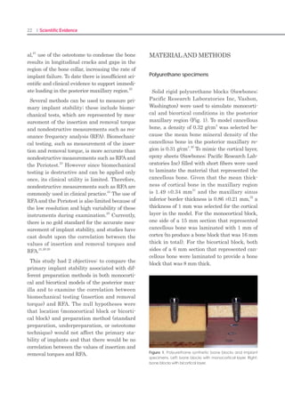 42 I Scientific Evidence 43IMPLANT I
(P = .013, Table 3). In the mandible, however,
no significant differences were observed in the
survival rate among the groups classified ac-
cording to the loading time (Table 3). The cu-
mulative survival rates of the short and long
implants were 96.8% and 97.1%, respectively
(Fig 3). No significant differences were found
for either the survival or the success rate be-
tween the two groups (Table 4).
No significant differences were found in the
number of implant failures between the two
centers. The investigated 128 implant-support-
ed restorations were splinted fixed dental pros-
theses without fixed partial dentures (n = 102
prostheses) or single implant restorations (n =
26 prostheses). At the last follow-up, two pros-
theses in the maxilla (both single implant res-
torations) and one in the mandible had failed.
After prosthesis delivery, complications were
monitored, and ranged from cement wash (n =
3 prostheses), screw loosening (n = 4 prosthe-
ses), prosthesis fracture (n = 5 prostheses), and
cheek biting (n = 3 prostheses).
Location Follow-up
(mo)
Loading time (wk) P*
1–2 2-4 4-6 6-8
Mean (mm) n Mean (mm) n Mean (mm) n Mean (mm) n
Maxilla 6 0.20 ± 0.17 27 0.20 ± 0.19 31 0.20 ± 0.16 53 0.21 ± 0.16 47 .996
12 0.22 ± 0.21 0.22 ± 0.19 0.26 ± 0.20 0.26 ± 0.15 .816
24 0.28 ± 0.22 0.29 ± 0.20 0.29 ± 0.19 0.32 ± 0.16 .928
Mandible 6 0.14 ± 0.29 19 0.11 ± 0.20 45 0.23 ± 0.33 37 0.14 ± 0.23 35 .384
12 0.25 ± 0.40 0.16 ± 0.25 0.28 ± 0.36 0.16 ± 0.24 .505
24 0.27 ± 0.17 0.21 ± 0.30 0.29 ± 0.34 0.19 ± 0.27 .735
Table 2. Marginal Bone Loss by Loading Time
*Kruskal-Wallis test.
Location Loading time (wk) P*
1–2 2-4 4-6 6-8
% n % n % n % n
Survival
rate
Maxilla 88.9 27 96.8 31 100 53 100 47 .013
Mandible 100 19 91.8 49 97.4 38 100 35 .132
Success
rate
Maxilla 88.9 27 96.8 31 100 53 100 47 .013
Mandible 100 19 91.8 49 97.4 38 100 35 .132
*Chi-square test.
Table 3. Survival and Success Rates by Loading Time
Success
(n)
Failure
(n)
Success
rate (%)
P*
Short implant 120 4 96.8
Long implant 170 5 97.1 .854
Total 290 9 97.0
*Fisher’s exact test.
Table 3. Success Rates of Short and Long Implants
1.000
0.995
0.990
0.985
0.980
0.975
0.970
0 2 4 6 8 10 12
Survival period (mo)
Cumulativesurvival
DISCUSSION
The results of this study suggest the potential
necessity of subdividing the time points that
correspond to early loading of dental implants.
For example, the implant survival rate was
significantly lower for early loading at 1 to 2
weeks post-implantation in the posterior max-
illa compared with later time points, indicating
that precautions must be taken when under-
taking particularly early loading procedures in
this region. In support of this idea, decalcified
bone spicules were mainly found within the
extracted socket at 1 and 2 weeks after tooth
extraction in an investigation by Amler and col-
leagues, whereas bone mineralization within
the entire socket wall was evident after about
3 weeks.25
Additional prospective studies are
therefore needed for a detailed exploration of
factors influencing survival rates in early load-
ed implant-supported prosthesis in the maxil-
lary posterior area.
Overall, this study showed that implants in-
serted in partially edentulous posterior areas
of the arch may be successfully loaded at early
time points. Only 9 out of 299 implants failed
within 2 months of loading, resulting in a suc-
cess rate of 97.0%. No other implants were lost
since that time, yielding a cumulative survival
rate of 97.0%. These results indicate that im-
plant success following early loading is compa-
rable to that of implants loaded after the con-
ventional 3 to 6 month healing period, similar
to previously reported outcomes regarding ear-
ly loading protocols. Indeed, high success rates
of about 98% to 99% have been documented for
early loading.14,22,26
Furthermore, a prior inves-
tigation reported that the cumulative survival
rate of early loading at 2 months after place-
ment of 405 implants was 97.7% in the poste-
rior area of the jaw,17
and another reported that
the 1-year survival rate was 97.2% for 36 early
loaded implants at 43 days after placement in
the posterior maxilla.16
Early loading has gen-
Fig 2 Cumulative survival rate of the investigated
implants. Survival analysis was performed by the life
table method. The survival rate did not change after
12 months (data not shown). Most implant failures oc-
curred within 1 month after early loading. Only one
implant failed at 36 days after loading.
1.00
0.99
0.98
0.97
0.96
0 2 4 6 8 10 12
Survival period (mo)
Cumulativesurvival
Short implants
Long implants
Fig 3 Comparison of the survival rates between short
and long implants. Survival analysis was performed by
the life table method. No significant difference was
found in survival rates between long and short implants.
The cumulative survival rate of short implants was
96.8%, and that of long implants was 97.1%.
 
