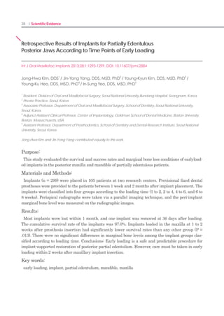 74 I Scientific Evidence 75IMPLANT I
4. Discussion
The general method of assessing the success
of implants in clinical practice is to assess the
soft and hard tissue around the implant.31-33
The preservation of the implant marginal bone
is an especially important yardstick of the suc-
cess or failure of an implant, and there are nu-
merous reports of assessment of the success of
implants through periodic X-ray imaging.31,32
It is essential to maintain the soft tissue
around the implant in a healthy condition to
preserve the marginal bone, and approximately
2 mm of junctional epithelium and 1-1.5 mm of
firm connective tissue form a biological width
that serves as a protective membrane that pro-
tects the marginal bone from the invasion of
microorganisms.34-35
The junctional epithelium
is attached to the implant through the hemides-
mosome from the inferior sulcus epithelium.36
The attachment tissue between the junctional
epithelium and the collagenous bundle parallel
to the implant surface forms a biological seal.37
Previous studies indicate that designs that in-
clude a concave profile for the abutment, coni-
cal connection, and platform switching, which
puts some distance between the fine gap and
the alveolar bone, improves the amount and
attachment of the connective tissue, thereby
reducing bone resorption.18,38,39
In this study,
in which we used conical-connection-type im-
plants with platform switching, bone resorp-
tion was minimal in all groups during the early
response, and there was no difference between
the 3 groups. The implant insertion was made
deep enough to allow the boundary portion of
the transmucosal portion and the thread to
match the alveolar ridge line. This was intend-
ed to induce soft tissue attachment from the
implant transmucosal portion. Further, even
if the insertion was performed such that the
boundary of the transmucosal portion and the
suture thread would match the alveolar ridge,
placement errors may exist, which is difficult
to identify with the naked eyes. Therefore, the
marginal bone level was determined by radi-
ography immediately after implant insertion,
and the bone resorption rate was calculated
by comparing the initial radiography images
to those obtained at every 4 weeks. While the
standardized peri-apical intra-oral radiographs
that we used in this study facilitate observation
of hard tissues, it is difficult to view soft tissues
using this method. Additionally, while these ra-
diographs allow for easy observation of changes
in the marginal bone over time, the area of
observation is limited to the mesiodistal region
of the implant. Therefore, the buccal cortical
bone portion, where substantial actual bone re-
sorption occurs, cannot be observed using this
method. Therefore, we used an optical micro-
scope to observe slices of the buccolingual mar-
ginal bone and the surrounding soft tissue that
were harvested 12 weeks after surgery. Buccal
and lingual marginal bone resorption occurred
to some extent, but the resorption was not sig-
nificantly different between the 3 groups. This
result corresponds to the radiological analysis
results for the 12th
week, the period in which
the laboratory animals were sacrificed. Group
analysis of the mesiodistal marginal bone re-
sorption by period showed that marginal bone
resorption was observed at 4 weeks in the bevel
group, but did not change over time. On the
other hand, after marginal bone resorption was
observed at 4 weeks in the bioseal group, the
marginal bone was restored by 12 weeks. Only
0.07 mm of marginal bone resorption was ob-
served unlike with the initial insertion. There-
fore, it seems the S-shape of the transmucosal
portion of the implant influences the early re-
covery of the marginal bone. While this differ-
ence was statistically significant, the marginal
bone resorption at 4 weeks was more marked
in the bioseal group than in the bevel group,
and additional studies are needed regarding its
cause.
There was closer connective tissue attachment
in the bioseal and bioseal/groove groups than in
the bevel group. Moreover, in some bevel group
specimens, the junctional epithelium and the
connective tissue dropped from the implant
surface. Although soft tissue may drop away
from the implant surface due to the tissue spec-
imen production process, all tissue specimens
were produced by a skilled tester and detached
specimens were discovered only in the Bevel
group. It can therefore be inferred that the con-
cave shape of the transmucosal portion induced
closer junctional epithelium and connective tis-
sue attachment than the straight shape of the
bevel group.
The connective tissue attachment in the bevel
group was shorter than in the other 2 groups,
but the junctional epithelium attachment was
long in the bevel group. In Beagle dogs, the
length of the connective tissue attached to im-
plants is 1-2 mm.28
In this study, the length of
the connective tissue was 1.81±0.24mm in the
bioseal group and 1.77±0.32 mm in the bio-
seal/ groove group. Both of these groups had
longer connective tissue than was observed in
the bevel group (1.02±0.31 mm). Therefore, a
concave S shape in the transmucosal portion
of implants induces longer connective tissue
attachment than a straight bevel, and the
stereotactic exterior of the concave S shape
increases the volume of the connective tissue.
While the biological width in the bioseal group
was approximately 0.5mm shorter than in the
bevel group, the difference was not statistically
significant. Previous studies also found that
implant design did not influence the biological
width.16,40
The biological width in the implant
encompasses both vertical and horizontal spac-
es.15
An S-shaped depression at a depth of 0.15
mm can provide an approximately 0.3 mm plat-
form switching effect, and if this is considered,
the difference in the biological widths between
the bioseal and bevel groups becomes smaller.
The junctional epithelium attachment in the
bioseal group was shorter than in the bevel
group because the connective tissue was stabi-
lized early, thus preventing inferior movement
of the epithelial tissue during the post-oper-
ative tissue remodeling. Blocking downward
movement of epithelial tissue is important in
order to preserve the marginal bone because
such movement is highly likely to cause mar-
ginal bone resorption.13,41 When the results of
our radiological analyses are viewed in the light
of the continuing recovery of the marginal bone
after early marginal bone resorption in the
bioseal group, the early stabilization and firm
attachment of the connective tissue prevent the
inferior movement of the junctional epithelium
and marginal bone resorption. Previous studies
have reported that a horizontal micro-groove or
microtexture can reduce osteolysis and create a
much firmer connective tissue attachment.26-
28 In our study, there was no difference in con-
nective tissue attachment or bone loss between
similarly designed implants with microgrooves
(the bioseal/groove group) placed at 0.04 mm
intervals and those with no grooves (bioseal
group). This is a limitation of this study, which
showed an early response in the tissues that
surrounded the implant on the 12th week. Al-
though the difference is not clear, occlusal load-
ing must be applied in the future and its role
must be further verified over a longer study
period.
In this study, we showed that an S-shaped
concavity in the transmucosal portion of im-
plants induces a more favorable soft tissue
response than a simple straight bevel. On the
other hand, because there was no difference in
actual bone resorption, we were unable to de-
termine if there was a difference in soft tissue
response with regard to the actual marginal
bone change. Further study of the influence of
soft tissue responses on marginal bone change
under functional loading is required.
 