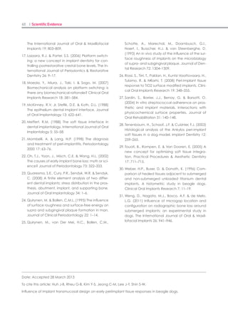 118 I Scientific Evidence 119SINUS I
into the sinus up to 1-1.5mm and all implants
earned initial stability ranging approximately
35-45Ncm. Left side was treated with conven-
tional lateral window approach. Four 4x13mm
implants were placed simultaneously. Postop-
eration panorama view was taken (Fig.4B).
Restoration was finished at fourteen days after
implant installation (Fig. 4C). No complications
have been reported.
Besides these two cases, eight patients had
implant surgery with sinus lift procedure us-
ing S-reamer simultaneously at Seoul National
University Bundang Hospital. Fourteen im-
plants were placed with help of Sreamer in
order to increase apico-occlusal bone dimen-
sion (Table 1). Four implants did not require
additional bone support. Approximately initial
remained bone level were various from 4.4 to
10mm. As a result, 8mm to 12mm length of
implants were installed according to site prepa-
ration including internal sinus augmentation.
One of the post-operative radiographic image
demonstrated that about 3-3.5 mm grafted
material was detected on the apex of implant
fixture (Fig. 5A and B). There were no post op-
erative complications reported.
Discussion
Implant insertion in the posterior region of
the maxilla is a challenging procedure. The re-
duced bone quantity and low bone quality are
limiting factors. Although Summer’s osteotome
method is considered less invasive than lateral
window approach, post-operative problems was
existed once in a while. Besides simple compli-
cations, a recent report mentioned that it had
been associated with the provocation of benign
paroxysmal positional vertigo (BPPV)3)
. These
authors also warned that the trauma induced
by percussion with surgical hammer, along
with hypertension of neck during operation,
could displace otoliths by BPPV3)
.
In 2006 Ferrigno et al, pointed that from the
patient aspect, implant site preparation is more
comfortable when performed with spiral drills
than with continuous malleting4)
. This kind of
opinions has been supported by other studies.
For instance, Fugazzotto described the use of a
calibrated trephine bur in the first step in the
procedure, mentioning that this method is less
traumatic and disconcerting to the patient com-
pared to repeated malleting5, 6)
.
On the other hand, summer’s osteotome tech-
nique may not achieve inferior cortical fixation
from inferior border of sinus floor because it
breaks the cortical bone broadly. Compared
with malleting method, this osteotome tech-
nique can mostly obtain true meaning of infe-
rior cortical fixation by preparing proper size of
hole matching to the size of an implant placed.
Taken into another concern, Strietzel et al,
mentioned that indication for the use of osteot-
ome technique should be considered critically
with respect to the bone quality: bone quality
class 1 or 2 is not suitable for this kind of im-
plant bed preparation via compressive packing
method7)
.
In 2003, Wallace and Froum published a re-
view article on implant survival rate related to
sinus augmentation8)
. They proposed a 93.5 %
overall survival rate of implants with conven-
tional Osteotome techniques. Interestingly it
was noted that the higher survival rate of local-
ized management of sinus floor and crestal core
elevation which was 96.9% and 98.3 respective-
ly8)
.
According to recent meta-analysis for survival
rate of implant with osteotome technique, the
combined data revealed survival probability
of 98% until loading and 99% after 56 month
of loading9)
. Other systemic review and meta-
analysis study reported that the outcome of
dental implantation using the osteotome tech-
nique in terms of implant survival seems to be
similar to that of implants placed by means of
the conventional implantation technique10)
. It
concluded that survival and success rate were
95.7% and 96% after 24months and 36 month
respectively10)
.
Conclusion
This report showed that implant placement
following drilling osteotome technique was less
invasive than conventional malleting osteot-
ome. The prognosis of implant using drilling os-
teotome technique is estimated to be at least as
same as the published data of implants placed
by conventional malleting osteotome method.
The newly designed “S- reamer osteotome tech-
nique” can be used as a predictable alternative
treatment modality as compared with “mal-
leting osteotome technique”as well as external
lateral window technique.
References
Rodoni LR et al. Impacts in the posterior maxilla:1.	
A comparative clinical and radiologic study. Int J
Oral Maxillaofac Implants 2005; 20: 231-7.
Summers RB. A new concept in maxillary implant2.	
surgery: the osteotome technique. Compendium
1994; 15: 152- 62.
Penarrocha-Diago M et al. Benign paroxysmal3.	
vertigo secondary to placement of maxillary im-
plants using the alveolar expansion technique
with osteotome: a study of 4 cases. Int J Oral
Maxillofac Implants. 2008; 23(1): 129-32.
Ferrigno N et al. Dental implants placement in4.	
conjunction with osteotome sinus floor elevation:
1 12-year life-table analysis from a prospective
study on 588 ITI®
implants. Clin Oral Impl Res 2006;
17: 194-205.
Fugazzotto PA. Immediate placement following5.	
a modified trephine/osteotome approach: Suc-
cess rates of 116 implants to 4 years in function.
Int J Oral Maxillofac Implants 2002; 17: 113-20.
Fugazzotto PA et al. Sinus Floor augmentation at6.	
the time of maxillary molar extraction : Success
and failure rates of 137 implants in function for up
to 3 years. J Periodontol 2002; 73: 39-44.
Strietzel FP et al. Peri-implant alveolar bone loss7.	
with respect to bone quality after use of the os-
teotome technique result of retrospective study.
Clin Oral Impl Res 2002; 13:508-13.
Wallace SS, Froum SJ. Effect of maxillary sinus aug-8.	
mentation on the survival of endosseous dental
implants. A systemic review. Ann Periodontl 2003;
8: 328-43.
Shalabi MM et al. A meta-analysis of clinical stud-9.	
ies to estimate the 4.5-year survival rate of im-
plants placed with the osteotome technique. Int
J Oral Maxillofac Implants 2007; 22: 110-6.
Emmerich D et al. Sinus floor elevation using os-10.	
teotomes: systemic review and meta-analysis. J
periodontal 2005; 76: 1237-51.
 