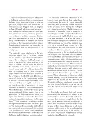 148 I Scientific Evidence 149GBR I
Figure 6 Fluorescence microscopic images. (a) Histological findings in the same region. (b) green emitting
region (4 weeks): bright fluorescence color appeared at the space between bone defect base and graft
material. (c) Red emitting region (12 weeks): bright fluorescence color appeared at the boundary of bone
grafting material and the interface of implant
(b) (c)(a)
Figure 4 The representative histological images (×12.5, HE staining) at 12 weeks. (a) BCP group. Character-
istically, small particles being absorbed can be seen in the buccal side (blue box). (b) ErhBMP-2 group. The
coated graft material has excellent bone formation ability (red box). (c) ErhBMP-2/ EGCG group. The buccal
bone shows superior bone formation and bone-to-implant contact from the base to the top of implant (yellow
box). It also shows the absorption of the graft material
(b) (c)(a)
Figure 5 The high-resolution images (950, HE staining). (a) BCP group. The margin of grafting materials be-
came smooth (blue arrow). (b) ErhBMP-2 group. There is a clear boundary between the new bone and the
defect (red arrow). (c) ErhBMP-2/EGCG group. Unlike the BMP group, vague boundary was shown between
the defect and the new bone (yellow arrow)
(b) (c)(a)
Table 2 Mean values ± s.d. of bone-to-implant contact (%), bone density (%), and bone regeneration
height (mm) after 12-week healing period (n = 4 dogs)
DH BIC BD BRH
BCP 4963.45 ± 33.50 35.39 ± 7.40 25.37 ± 14.31 4.48 ± 0.56
ErhBMP-2 4971.87 ± 23.47 58.68 ± 16.47 36.63 ± 10.9 4.23 ± 0.64
ErhBMP-2/EGCG 4953.01 ± 33.02 50.25 ± 12.39 37.71 ± 20.08 4.86 ± 0.10
DH, defect height; BIC, bone-to-implant contact; BD, bone density (%); BRH, bone regeneration height; BCP, biphasic calcium phosphate;
ErhBMP-2, Escherichia coli-derived recombinant human bone morphogenetic protein-2; EGCG, epigallocatechin-3-gallate.
Figure 7 Graph with BMAR (%). ErhBMP-2/EGCG group
showed higher BMAR value in 4 weeks and the 12 weeks.
There were no statistically significant differences
Table 3 Mean and standard deviation of BMAR in the 4 and
12 weeks
Group BMAR in 4 weeks (%) BMAR in 12 weeks (%)
BCP 5.39 ± 2.09 6.68 ± 2.82
ErhBMP-2 5.95 ± 2.76 6.38 ± 2.98
ErhBMP-2/EGCG 9.03 ± 3.67 9.35 ± 5.09
BMAR, bone mineral apposition rate; BCP, biphasic calcium phosphate; ErhB-
MP-2, Escherichia coli-derived recombinant human bone morphogenetic pro-
tein-2; EGCG, epigallocatechin-3-gallate.
quired for the healing of the defect in each ani-
mal model were tried (Caton, 1997). Compared
with a human bone, bone remodeling period is
shorter in dogs. Six weeks, 12 weeks, and 17
weeks are needed for bone remodeling in rab-
bits, dogs, and human, respectively (Roberts et
al, 1987). Therefore, in this experiment, for suf-
ficient healing in dogs, the experimental time
was set at 12 weeks.
In this experiment, BCP was coated with
ErhBMP-2 and EGCG. However, a highly con-
centrated BMP could bring the adverse effects
such as cyst-like bone formation, ectopic bone
formation, and soft tissue swelling (Smucker et
al, 2006; Wong et al, 2008). Therefore, if possi-
ble, the application of a low-concentrated BMP
in clinics is recommended. The concentration
of EGCG (25 µM) was chosen from previous
studies, which showed good bone formations,
and for ErhBMP-2, a low concentration of 0.05
mg ml-1
was selected to avoid the adverse ef-
fect from a high-concentration rhBMP-2 while
producing an optimum effect (Wikesjö et al,
1999; Boyne et al, 2005). Dehiscence defect was
treated using BCP coated with a combination of
low-concentration ErhBMP-2 and EGCG, and
osteogenic potential was evaluated at 12 weeks
after implantation.
 