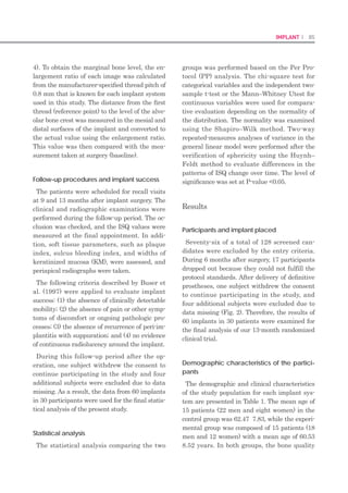168 I Scientific Evidence 169Restoration I
This research was supported by the Overseas Rease-
arch Program of Seoul National University Dental
Hospital. The authors reported no conflicts of interest
related to this study.
References
Sahin S, Cehreli MC. The significance of passive1.	
framework fit in implant prosthodontics: Current
status. Implant Dent 2001; 10:85–92.
Jemt T. In vivo measurements of precision of fit2.	
involving implant-supported prostheses in the
edentulous jaw. Int J Oral Maxillofac Implants
1996;11:151–158.
Chee W, Felton DA, Johnson PF, Sullivan DY. Ce-3.	
mented versus screw retained prosthesis: Which is
better? Int J Oral Maxillofac Implants 1999;14:137–
141.
Voitik AJ. The Kulzer abutment luting; KAL tech-4.	
nique. A direct assembly framework method for
osseointegrated implant prostheses. Implants Soc
1991;2:11–14.
Jiménez V, Torroba P. Diseño de prótesis sobre im-5.	
plantes para conseguir un ajuste pasivo: Técnica
del cilindro cementado sobre próstesis atornilla-
das. Actual Implantol 1992;1:27–32.
Rajan M, Gunaseelan R. Fabrication of a cement-6.	
and screwretained implant prosthesis. J Prosthet
Dent 2004;92:578–580.
Literature Abstract
Does Ridge Preservation Following Tooth Extraction Improve Implant Treatment Outcomes: A Systematic Re-
view.
Group 4: Therapeutic Concepts and Methods
This systematic review and meta-analysis (1) investigated the additional effect of alveolar ridge preservation
(ARP) on implant-related outcomes in comparison with unassisted socket healing and (2) estimated the size
effects according to the type of intervention for ARP. General inclusion and exclusion criteria were explained
in detail. Ten randomized controlled trials (RCTs) and controlled clinical trials (CCTs) and 30 RCTs and CCTs
and prospective case series were included in the study for each respective aspect of the proposed aim. The
authors found that ARP procedures may decrease the need for further ridge augmentation during implant
placement (pooled relative risk for further ridge augmentation was 0.150) but did not increase the feasibility
of implant placement. The survival and success rates and marginal bone levels of implants placed in alveolar
ridges following ARP are comparable to those of implants placed in untreated sockets. Different types of ARP
intervention (GBR, socket filler, and socket seal) did not show superior impact on implant outcomes. The au-
thors mentioned that the majority of included studies were qualified for high risk of bias.
Mardas N, Trullenque-Eriksson A, MacBeth N, Donos N. Clin Oral Implants Res 2015;26(suppl 11):180–201. Refer-
ences: 63.
Reprints: Nikos Mardas, Unit of Periodontology, UCL Eastman Dental Institute, 256 Gray’s Inn Road, London
WC1X 8LD, UK.
Fax: +44 (20) 79151137. Email: n.mardas@ucl.ac.uk—Huong Nguyen, Edmond, Oklahoma, USA.
Effects of Implant Angulation and Impression Coping Type on the
Dimensional Accuracy of Impressions
Ji Suk Shim, DDS, MSD,* Jae Jun Ryu, DDS, PhD,† Sang Wan Shin, DDS, PhD,‡
and Jeong Yol Lee, DDS, PhD§
*Affiliated Professor, Department of Prosthodontics, Faculty of Dentistry, Korea University Ansan Hospital, Seoul, Korea.
†Full-Time Professor, Department of Prosthodontics, Faculty of Dentistry, Korea University Anam Hospital, Seoul, Korea.
‡Full-Time Professor, Department of Prosthodontics, Faculty of Dentistry, Korea University Guro Hospital, Seoul, Korea.
§Affiliated Professor, Department of Advanced Prosthodontics, Faculty of Dentistry, Korea University Guro Hospital,
Seoul, Korea.
PURPOSE:
To analyze the accuracy of impressions in relation to implant angulation and type of impression cop-
ing.
MATERIALS AND METHODS:
Three metal master models with 2 implants of 3 different angulations (parallel, mesiodistal, and
buccolingual) were fabricated. Nine groups of experimental models were fabricated to duplicate the
3 master models using 3 types of impression copings: transfer, pick-up, and hybrid. The distance be-
tween the analogs for each model was measured using a video measuring system. The influence of
angulation and type of impression coping was analyzed by a two-way ANOVA (P , 0.05).
RESULTS:
There were significant differences in error rates in relation to implant angulation and type of im-
pression coping (P , 0.05). Impressions of buccolingually divergent implants with transfer copings
showed statistically higher error rates than other groups (P , 0.05).
CONCLUSIONS:
Buccolingual divergence can be a variable that influences the impression accuracy of transfer cop-
ings compared with pick-up and hybrid copings. Hybrid copings demonstrate reasonable reproduc-
ibility similar to that of pick-up copings. (Implant Dent 2015;24:726–729)
Key Words:
transfer, pick-up, divergence
Implant Dentistry/Volume 24, Number 6, 2015. DOI: 10.1097/ID.0000000000000336
 