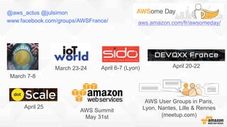 @aws_actus @julsimon
www.facebook.com/groups/AWSFrance/
AWS User Groups in Paris,
Lyon, Nantes, Lille & Rennes
(meetup.com)
March 7-8
AWS Summit
May 31st
April 20-22March 23-24 April 6-7 (Lyon)
April 25
aws.amazon.com/fr/awsomeday/