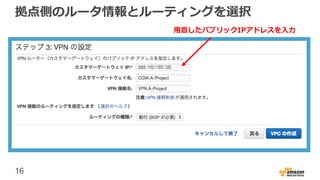 16
拠点側のルータ情報とルーティングを選択
用意したパブリックIPアドレスを入力
 