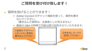 2
ご質問を受け付け致します！
質問を投げることができます！
• Adobe Connect のチャット機能を使って、質問を書き
込んでください。
（書き込んだ質問は、主催者にしか見えません）
• 最後の Q&A の時間で可能な限り回答させていただきます。
①画面右下のチャッ
トボックスに質問を
書き込んでください
②吹き出しマークで
送信してください
 