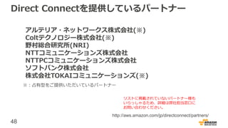 48
Direct Connectを提供しているパートナー
http://aws.amazon.com/jp/directconnect/partners/
リストに掲載されていないパートナー様も
いらっしゃるため、詳細は営業・SAに
お問い合わせください。
アルテリア・ネットワークス株式会社(※)
Coltテクノロジー株式会社(※)
野村総合研究所(NRI)
NTTコミュニケーションズ株式会社
NTTPCコミュニケーションズ株式会社
ソフトバンク株式会社
株式会社TOKAIコミュニケーションズ(※)
※：占有型をご提供いただいているパートナー
 