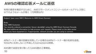 53
追加情報の確認および返信(オプション)
追加の情報が必要な場合、AWSマネージメントコンソールの
メールアドレス宛にAWSから確認メールが送信されます。
7日以内に必要情報返信してください。
(7日以内に返信が無い場合、前の手順で作成したDirect Connectの
Connectionは自動的に削除されます。)
 