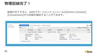 55
物理配線完了！
配線が完了すると、AWSマネージメントコンソールの[Direct Connect]-
[Connections]から回線を確認することができます。
 