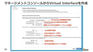 56
マネージメントコンソールからVirtual Interfaceを作成
 