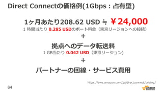 64
Direct Connectの価格例(1Gbps：占有型)
1ヶ月あたり208.62 USD ≒ ￥24,000
1 時間当たり 0.285 USDのポート料金（東京リージョンへの接続）
拠点へのデータ転送料
1 GB当たり 0.042 USD（東京リージョン)
＋
https://aws.amazon.com/jp/directconnect/pricing/
パートナーの回線・サービス費用
＋
 