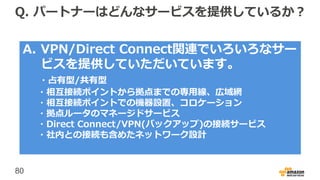 80
Q. パートナーはどんなサービスを提供しているか？
A. VPN/Direct Connect関連でいろいろなサー
ビスを提供していただいています。
・占有型/共有型
・相互接続ポイントから拠点までの専用線、広域網
・相互接続ポイントでの機器設置、コロケーション
・拠点ルータのマネージドサービス
・Direct Connect/VPN(バックアップ)の接続サービス
・社内との接続も含めたネットワーク設計
 