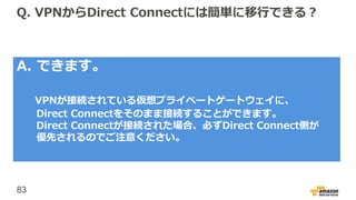 83
Q. VPNからDirect Connectには簡単に移行できる？
A. できます。
VPNが接続されている仮想プライベートゲートウェイに、
Direct Connectをそのまま接続することができます。
Direct Connectが接続された場合、必ずDirect Connect側が
優先されるのでご注意ください。
 